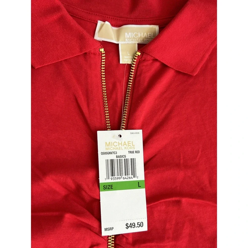 Michael Kors Womens True Red Ruched Quarter Zip Sleeveless Polo Top Large MK